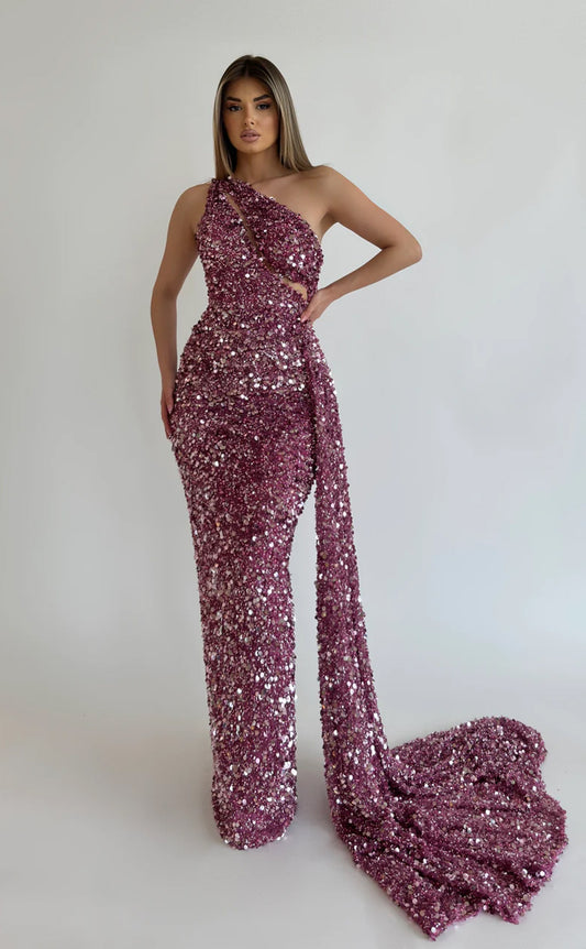 RP579-Elegant Purple Mermaid One Shoulder Beads Sequins  Sleeveless Long Prom Evening Dresses Formal Party Gowns With Cut  Out