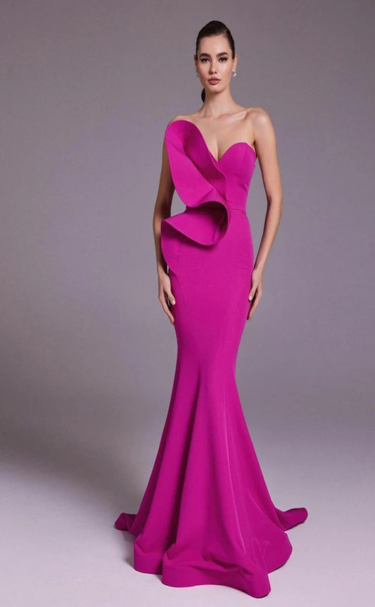 RP111-Sexy Fuchsia Mermaid Sweetheart Zipper Backless Ruffles Long Satin Prom Dresses Fashion Evening Party Gowns