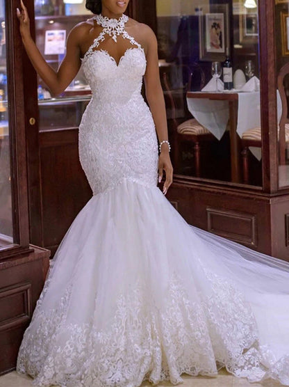 Sexy Mermaid Wedding Dresses Halter Appliques Beads Lace Sleeveless Buttons Sweep Train Tulle Bridal Gowns Custom Made