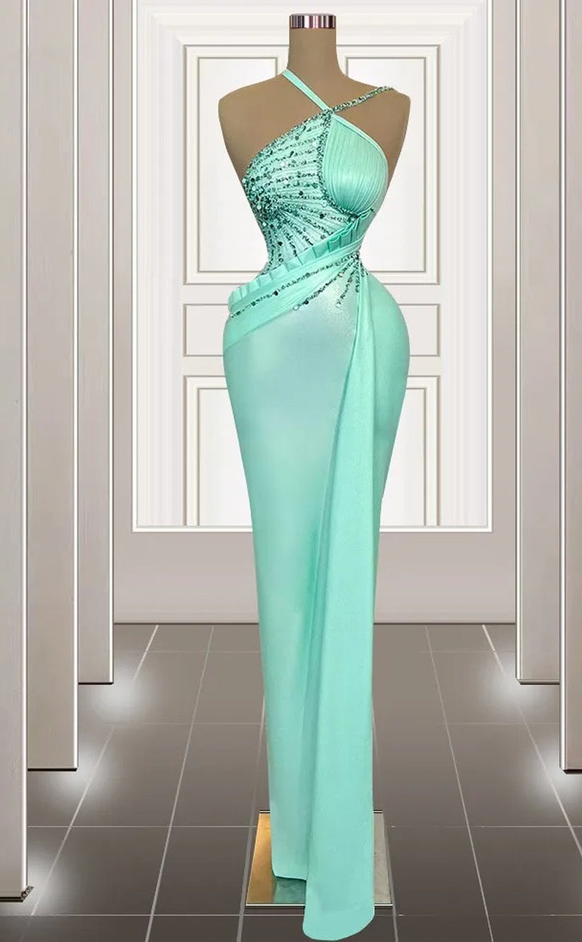 RP578-Elegant Mint Mermaid One Shoulder Beads Sequins Ruched Sleeveless Long Prom Evening Dresses Formal Party Gowns