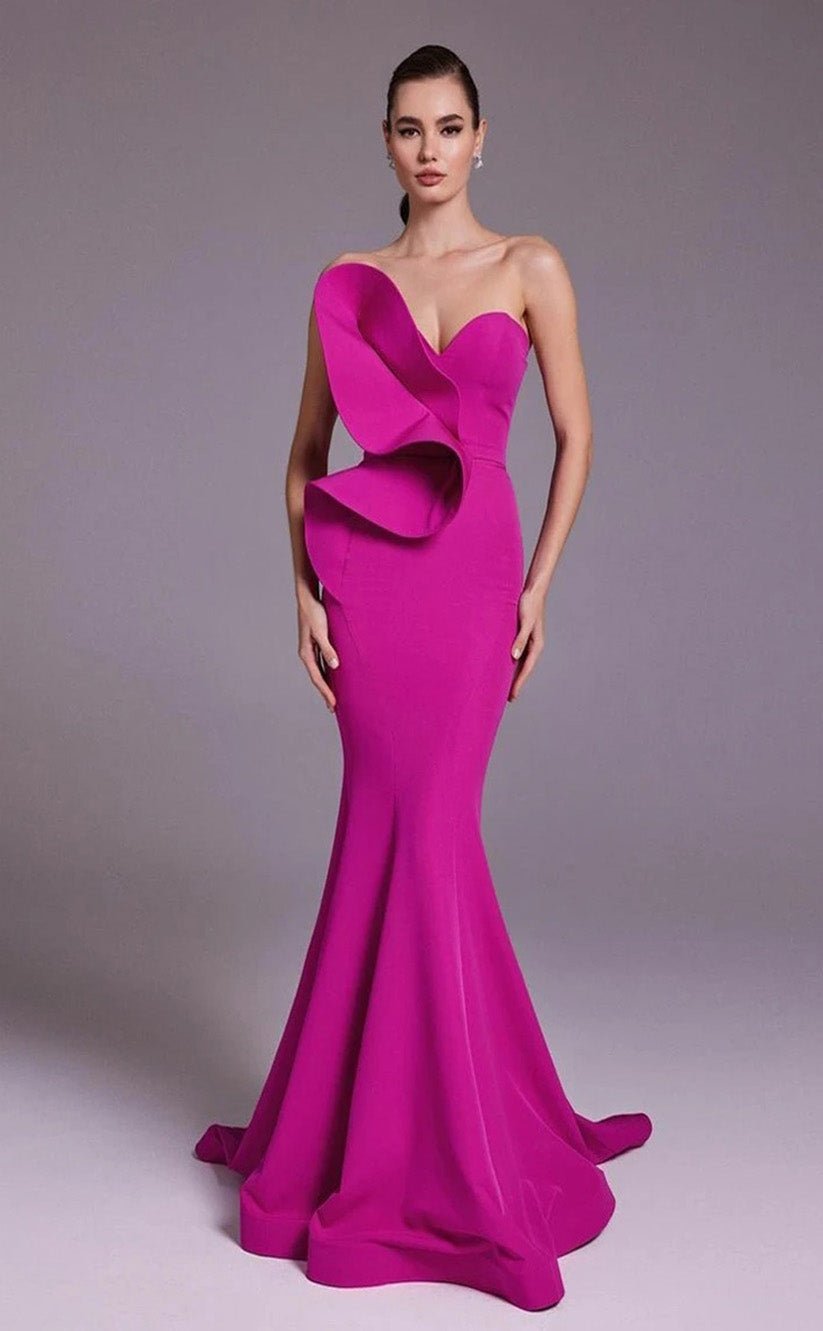 RP111-Sexy Fuchsia Mermaid Sweetheart Zipper Backless Ruffles Long Satin Prom Dresses Fashion Evening Party Gowns