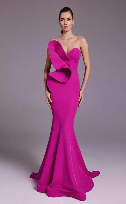 RP111-Sexy Fuchsia Mermaid Sweetheart Zipper Backless Ruffles Long Satin Prom Dresses Fashion Evening Party Gowns