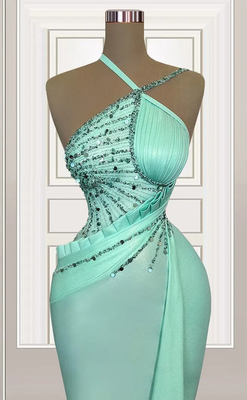 RP578-Elegant Mint Mermaid One Shoulder Beads Sequins Ruched Sleeveless Long Prom Evening Dresses Formal Party Gowns