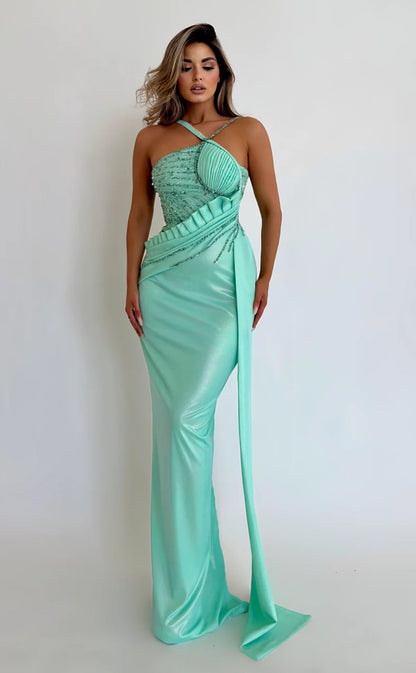 RP578-Elegant Mint Mermaid One Shoulder Beads Sequins Ruched Sleeveless Long Prom Evening Dresses Formal Party Gowns