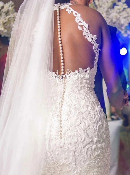 Sexy Mermaid Wedding Dresses Halter Appliques Beads Lace Sleeveless Buttons Sweep Train Tulle Bridal Gowns Custom Made