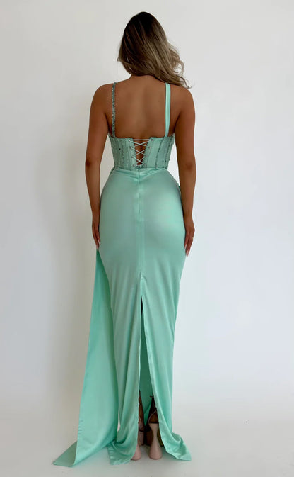 RP578-Elegant Mint Mermaid One Shoulder Beads Sequins Ruched Sleeveless Long Prom Evening Dresses Formal Party Gowns