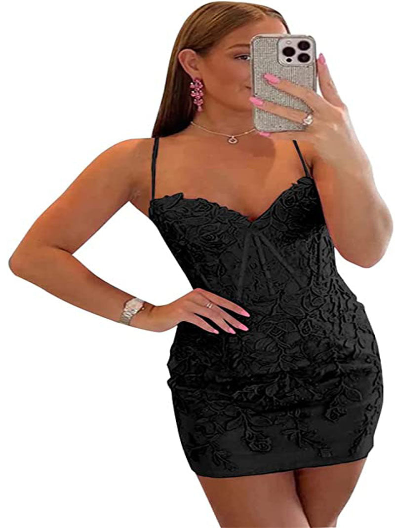 Sexy Spaghetti Strap V Neck Sleeveless Satin Lace Appliques Open Back  Short for Teens Tight Homecoming Dresses Prom Cocktail Gowns