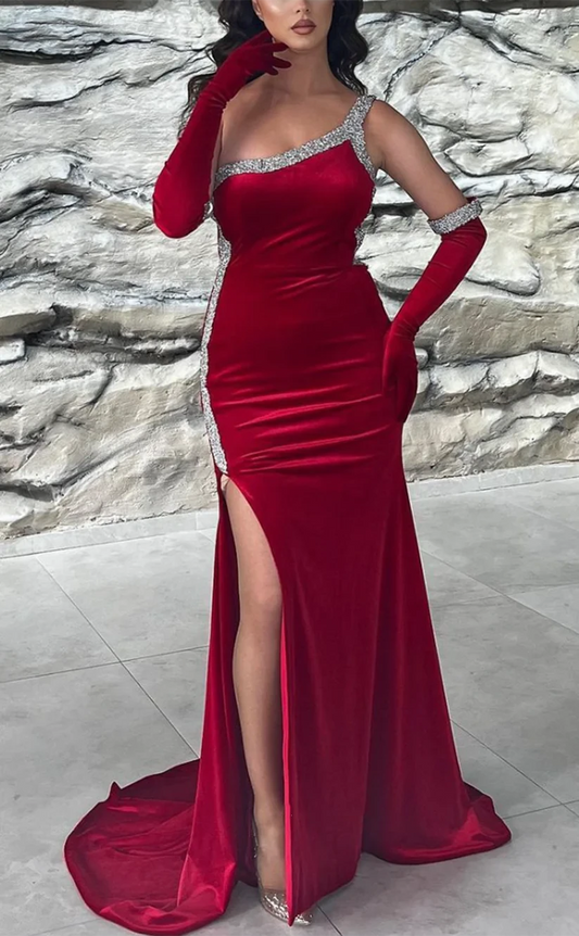 RP374-Gorgeous Red Mermaid One Shoulder Beads Detachable Long Sleeves Prom Evening Dresses Formal Party Gowns With Slit