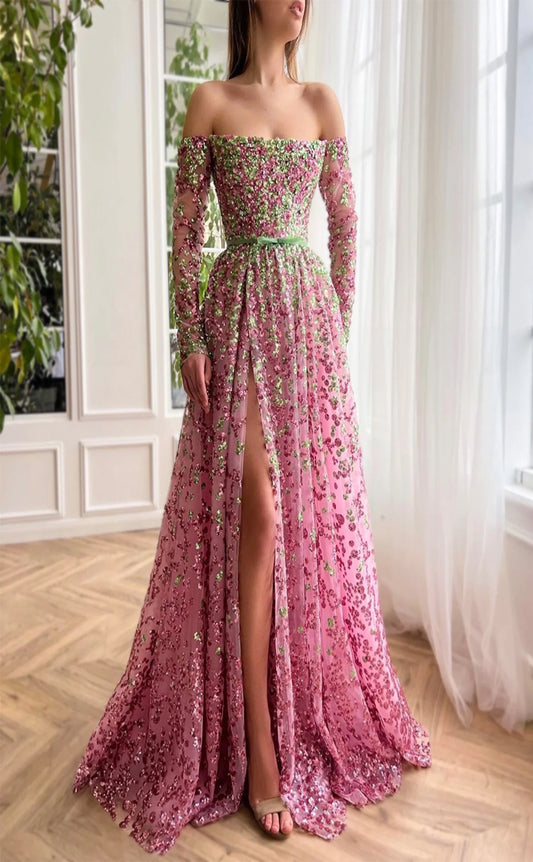 RP186-A-Line Off-the-Shoulder Sequins Long Sleeves Long Prom Evening Dresses Formal Party Gowns With Slit