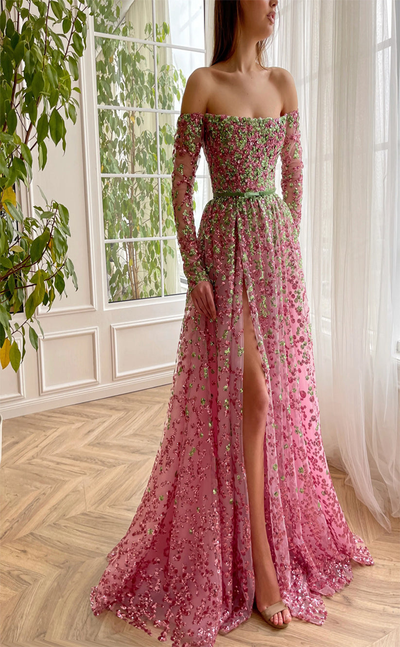 RP186-A-Line Off-the-Shoulder Sequins Long Sleeves Long Prom Evening Dresses Formal Party Gowns With Slit