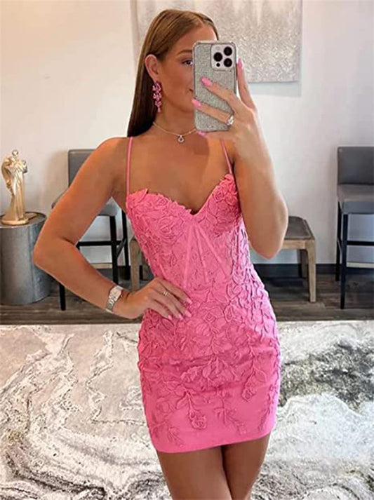 Sexy Spaghetti Strap V Neck Sleeveless Satin Lace Appliques Open Back  Short for Teens Tight Homecoming Dresses Prom Cocktail Gowns