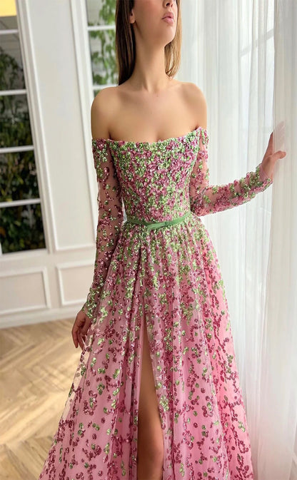 RP186-A-Line Off-the-Shoulder Sequins Long Sleeves Long Prom Evening Dresses Formal Party Gowns With Slit