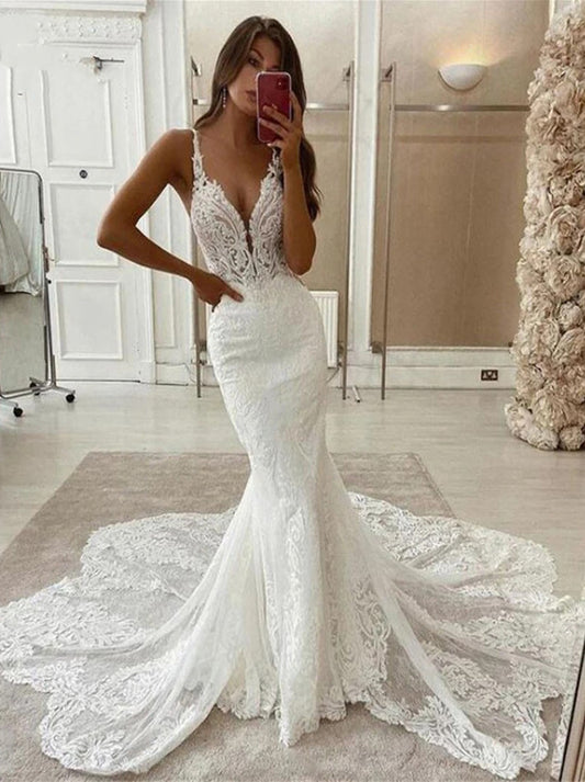 Sexy Mermaid Wedding Dresses V-Neck Sleeveless Backless Lace Sweep Train Bridal Gowns For Women