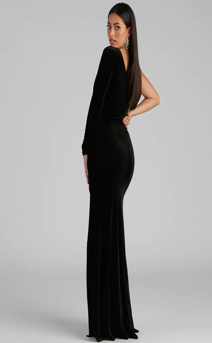 RP073-Simple Black Mermaid One Shoulder One Long Sleeve Side Slit Long Velvet Prom Dresses Formal Party Evening Gowns