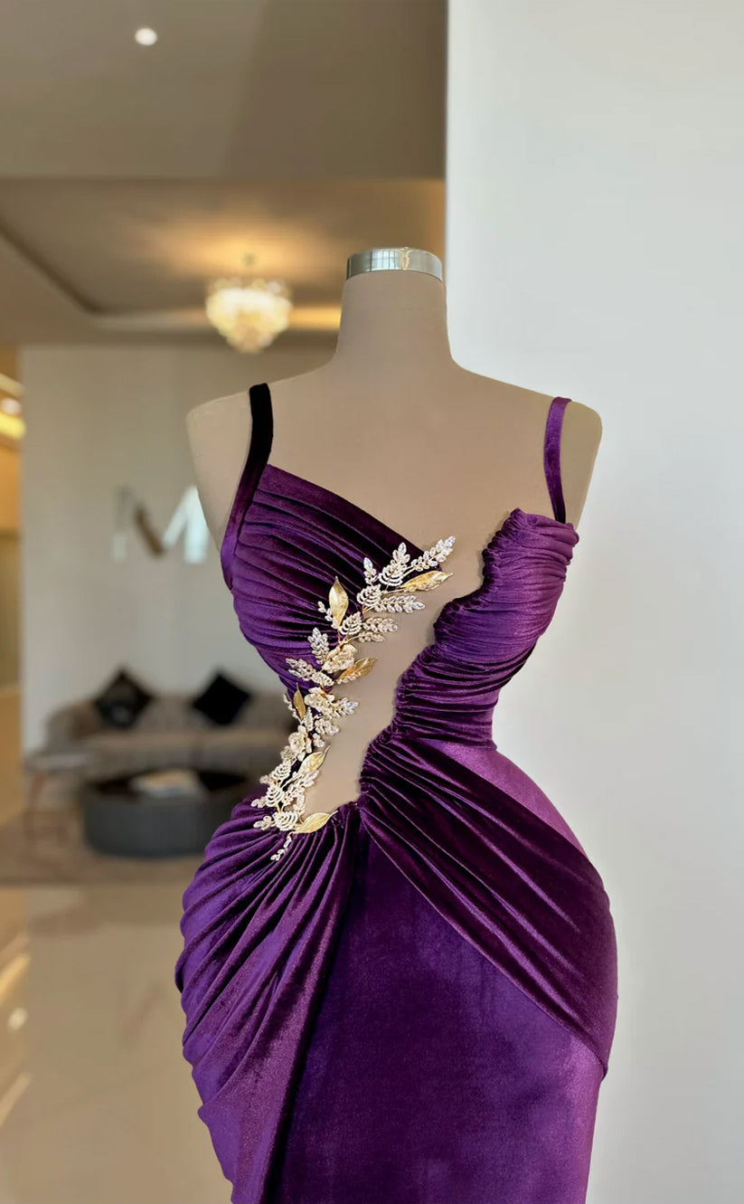 RP589-Elegant Purple Mermaid Spaghetti Beads Ruched Sleeveless Velvet Long Prom Evening Dresses Formal Party Gowns