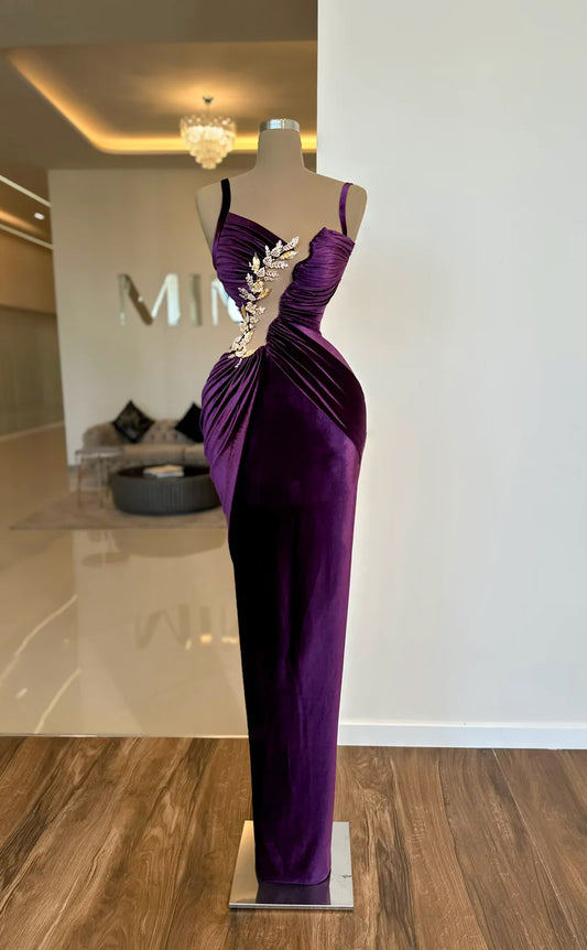 RP589-Elegant Purple Mermaid Spaghetti Beads Ruched Sleeveless Velvet Long Prom Evening Dresses Formal Party Gowns