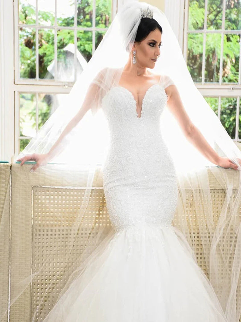 Sexy Mermaid Wedding Dresses Sweetheart Beads Appliqued Cap Sleeves Tulle Sweep Train Bridal Gowns Custom Made