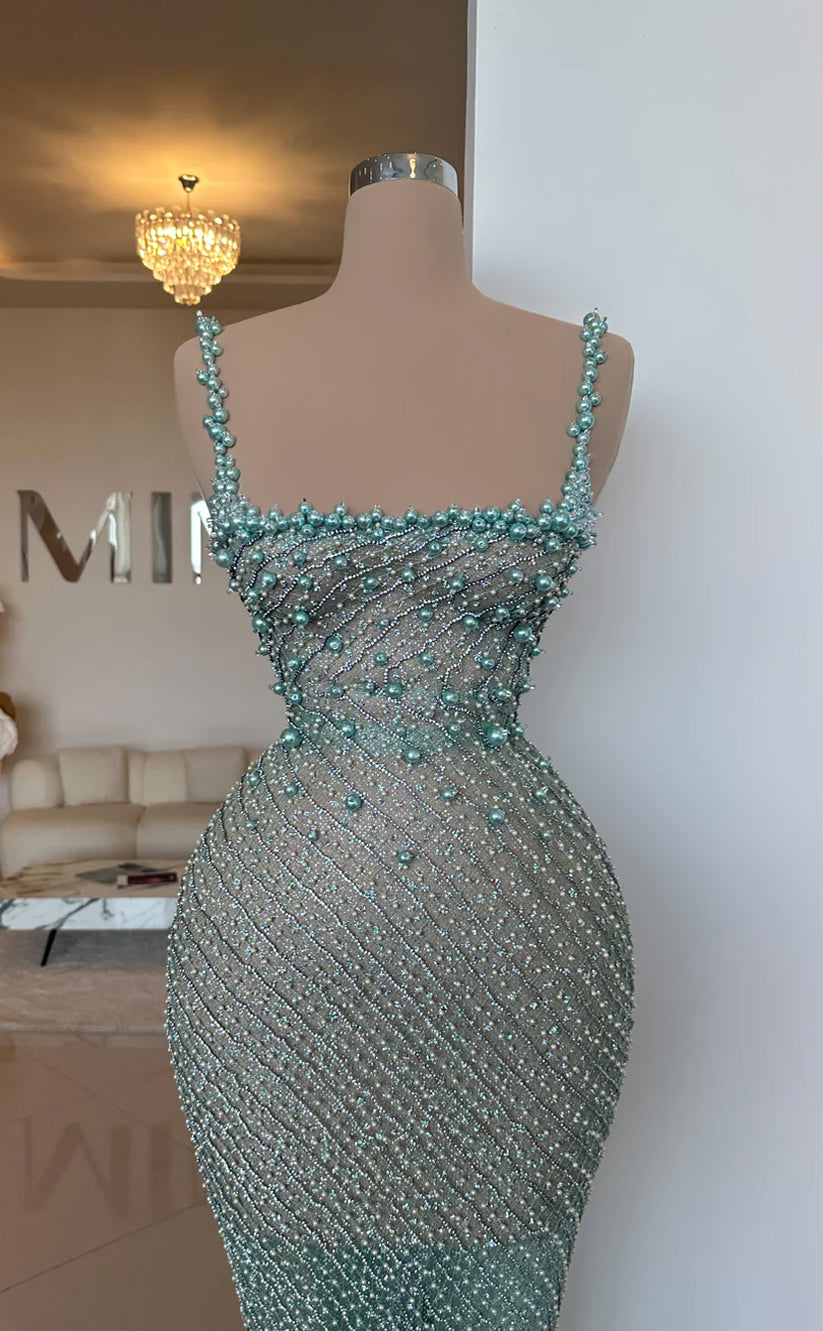 RP592-Luxury Mermaid Spaghetti Beads Pearls Sleeveless Tulle Long Prom Evening Dresses Formal Party Gowns