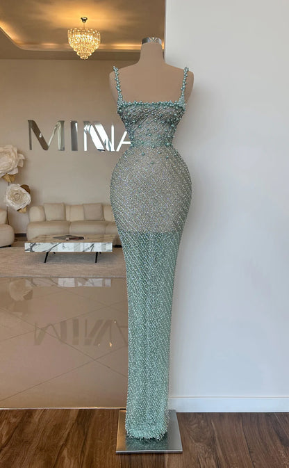 RP592-Luxury Mermaid Spaghetti Beads Pearls Sleeveless Tulle Long Prom Evening Dresses Formal Party Gowns