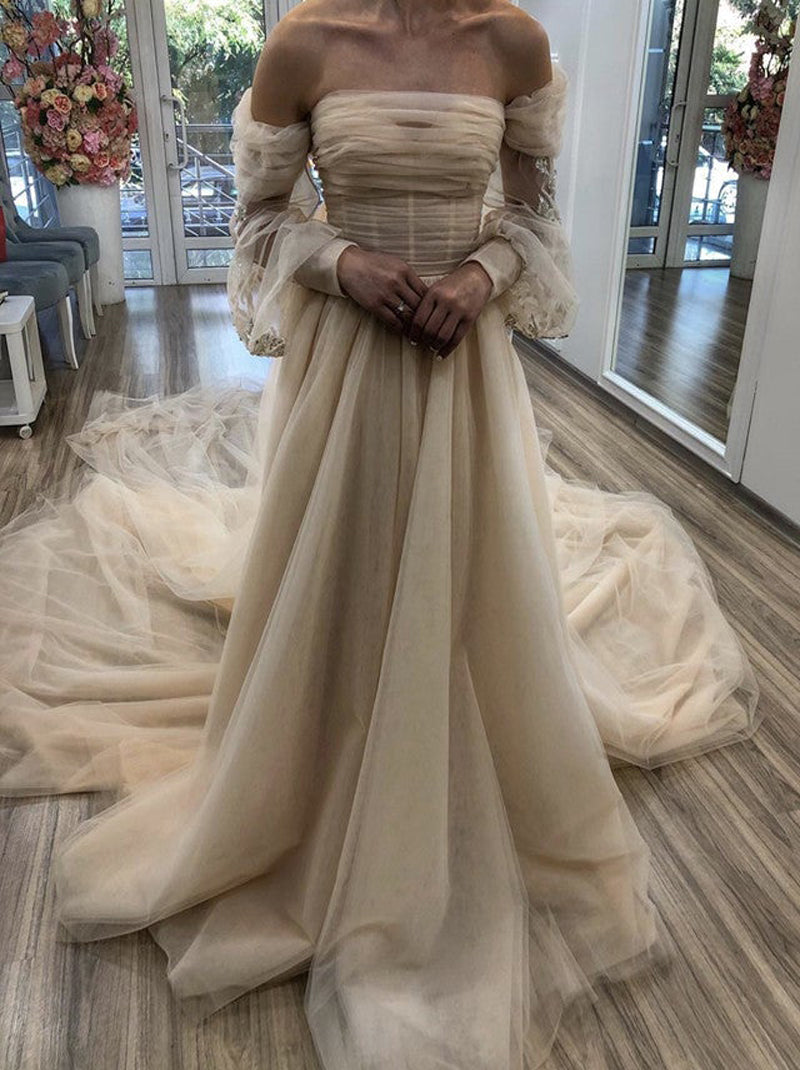 Champagne A-Line Wedding Dresses Strapless Pleated Appliques Detachable Long Sleeves Sweep Train Tulle Bridal Gowns