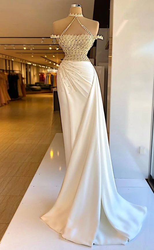 RP597-Gorgeous White Mermaid High Neck Sequins Ruched Beaded Sleeveless Long Prom Evening Dresses Formal Party Gowns