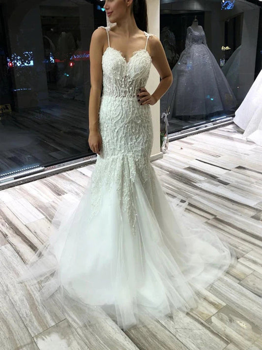 Luxurious Mermaid Wedding Dresses Spaghetti Sleeveless Beads Sequins Appliques Sweep Train Tulle Bridal Gowns Custom Design