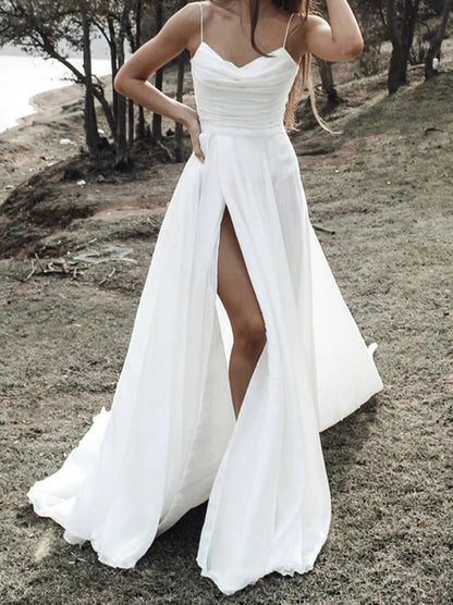 Simple Beach A-Line Wedding Dresses Spaghetti Pleated Side Slit Backless Sweep Train Chiffon Bridal Gowns Custom Design