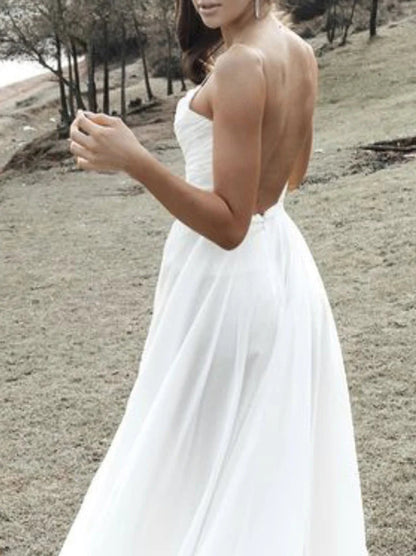 Simple Beach A-Line Wedding Dresses Spaghetti Pleated Side Slit Backless Sweep Train Chiffon Bridal Gowns Custom Design