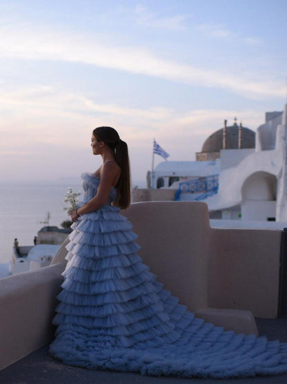 Luxurious & Charming A-Line Boho Wedding Dresses Sweetheart Ruffles Tulle Court Train Bridal Gowns With Detachable Long Sleeves