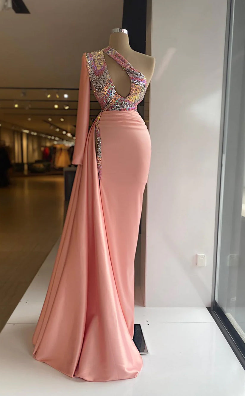 RP595-Elegant Watermelon Mermaid One Shoulder Sequins One Long Sleeve Floor Length Prom Evening Dresses Formal Party Gowns