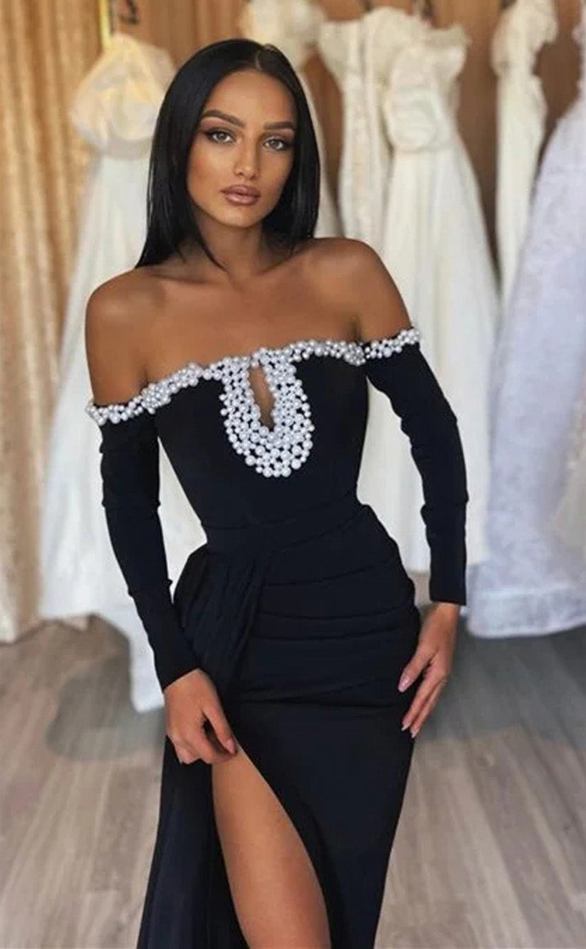 RP108-Elegant Black Sheath Off the Shoulder Long Sleeves Crystals Pleated Satin Long Prom Dresses Formal Party Evening Gowns