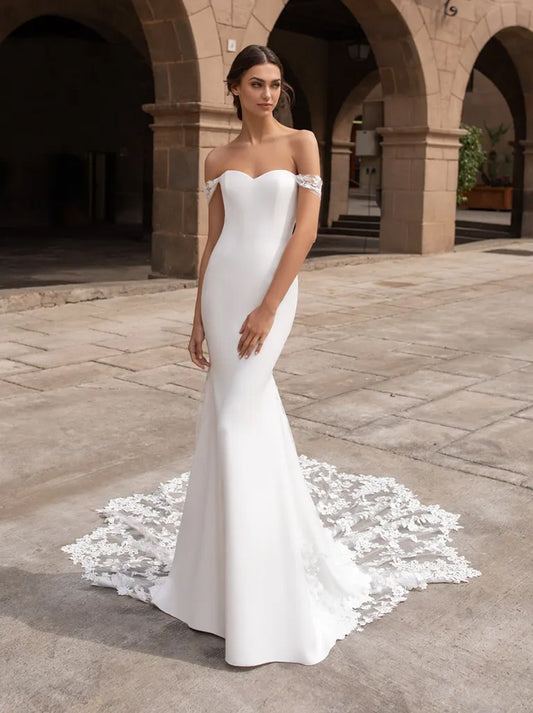 Simple & Elegant Mermaid Wedding Dresses Sweetheart Appliqued Cap Sleeves Satin Sweep Train Bridal Gowns