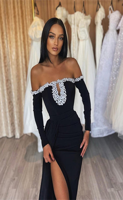 RP108-Elegant Black Sheath Off the Shoulder Long Sleeves Crystals Pleated Satin Long Prom Dresses Formal Party Evening Gowns