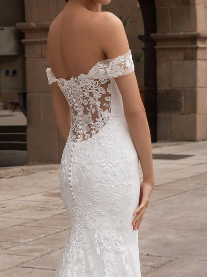 Simple & Elegant Mermaid Wedding Dresses Sweetheart Appliqued Cap Sleeves Satin Sweep Train Bridal Gowns