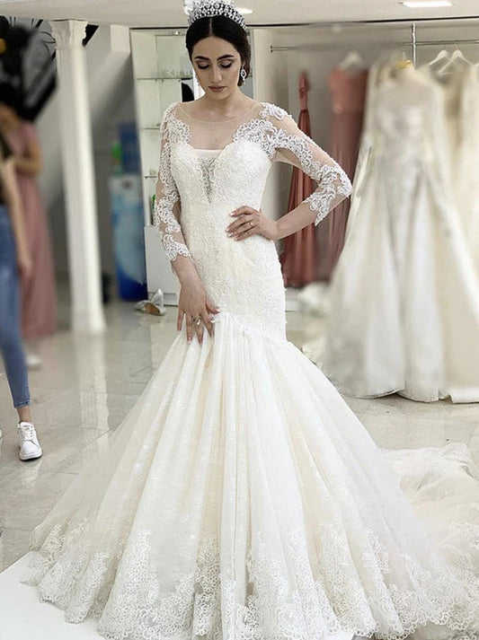 Luxurious Mermaid Wedding Dresses Illusion Scoop Appliques Beads Lace Long Sleeves Tulle Sweep Train Bridal Gowns Custom Made