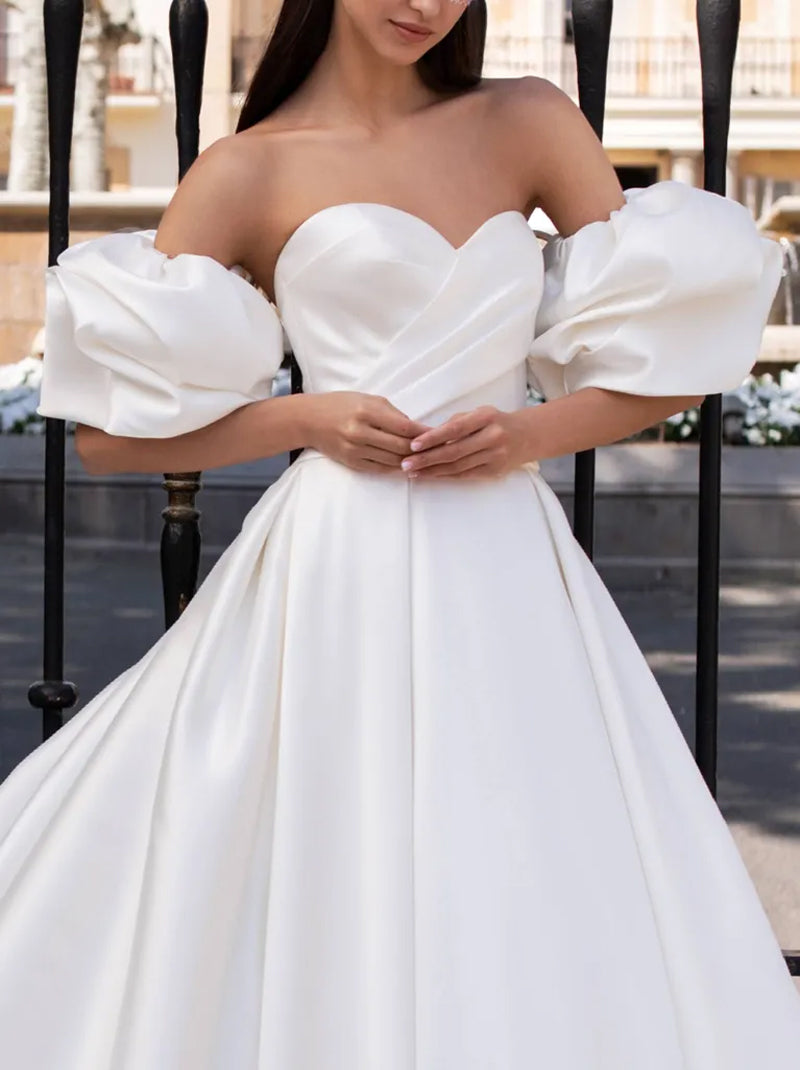Simple & Elegant Ball Gown Boho Wedding Dresses Sweetheart Pleated Satin Sweep Train Bridal Gowns Custom Made With Detachable Puffy Sleeves