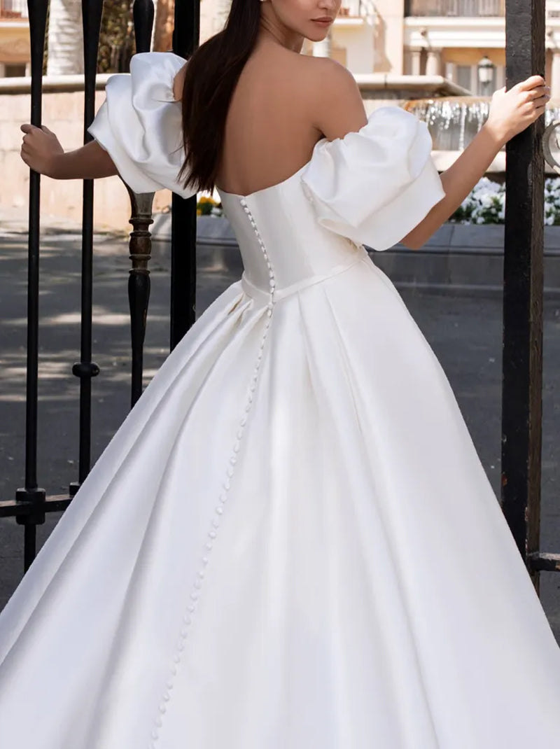 Simple & Elegant Ball Gown Boho Wedding Dresses Sweetheart Pleated Satin Sweep Train Bridal Gowns Custom Made With Detachable Puffy Sleeves