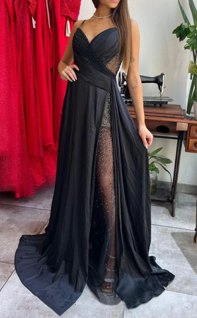 RP375-Elegant Black Sheath/Column Spaghetti Pleated Beads Sleeveless Prom Evening Dresses Formal Party Gowns With Slit