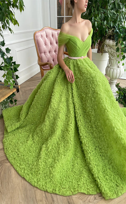 RP187-Grass Green A-Line Off-the-Shoulder Pleated Ruffles Long Prom Evening Dresses Formal Party Gowns