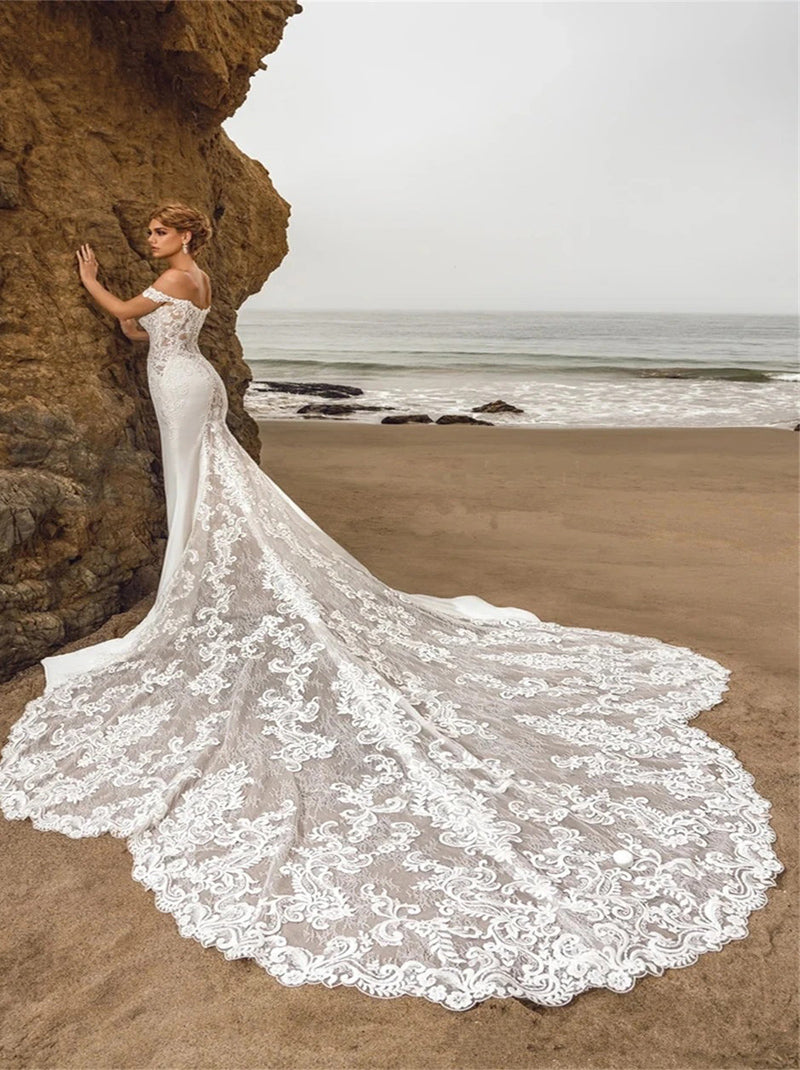 Sexy Mermaid Beach Wedding Dresses Sweetheart Cap Sleeves Appliques Lace Court Train Bridal Gowns Custom Made