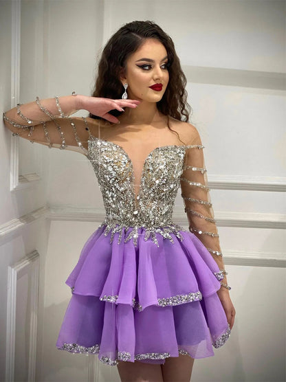 Charming Sparkling Lilac A-Line Short High Neck Crystals Beaded Long Sleeve Ruffles Tulle Homecoming Graduation Dresses For Women  Prom Gowns Party  Cocktail Dresses Custom