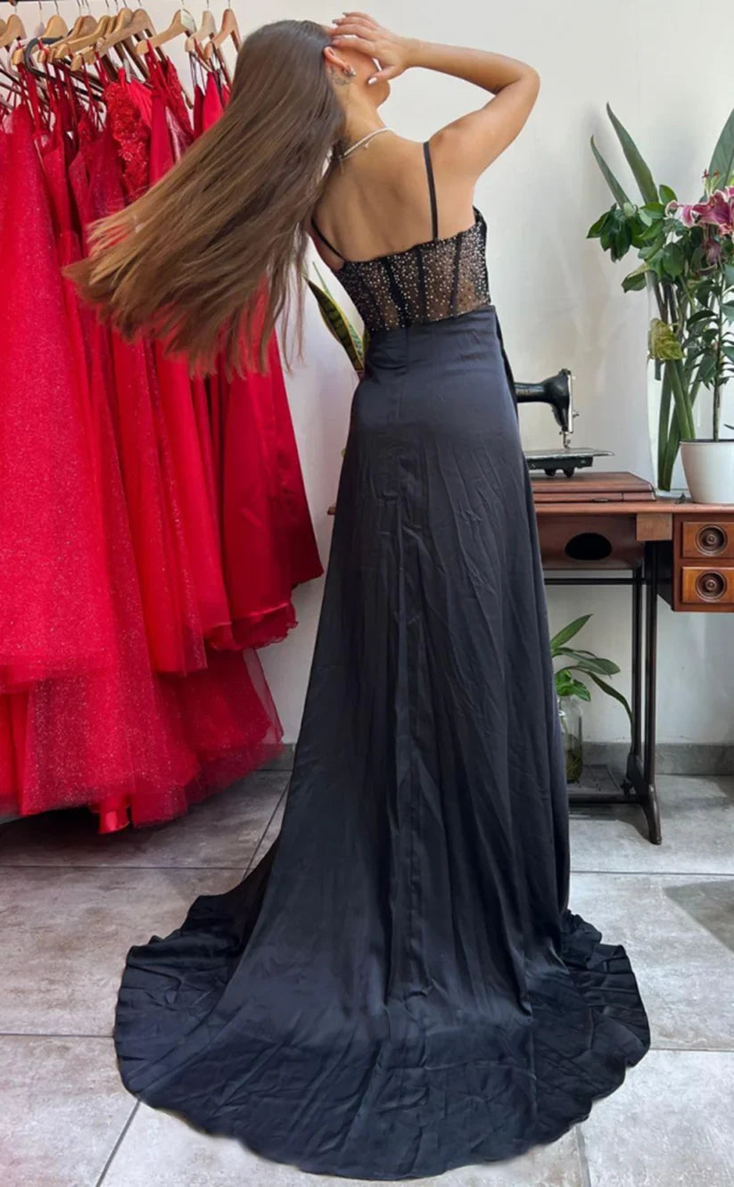 RP375-Elegant Black Sheath/Column Spaghetti Pleated Beads Sleeveless Prom Evening Dresses Formal Party Gowns With Slit