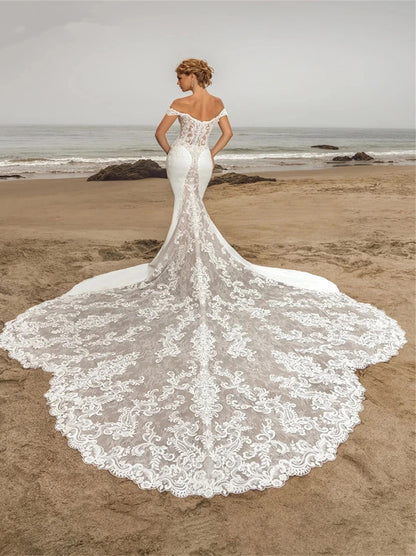 Sexy Mermaid Beach Wedding Dresses Sweetheart Cap Sleeves Appliques Lace Court Train Bridal Gowns Custom Made