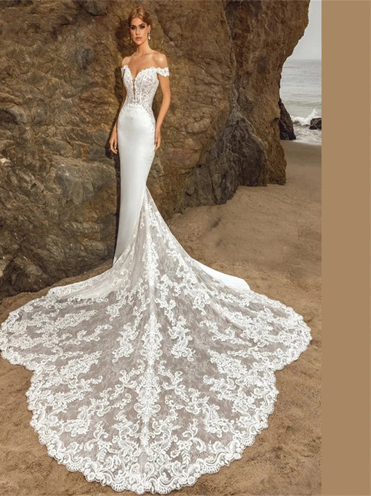 Sexy Mermaid Beach Wedding Dresses Sweetheart Cap Sleeves Appliques Lace Court Train Bridal Gowns Custom Made