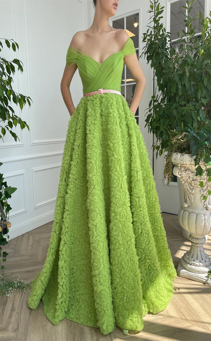 RP187-Grass Green A-Line Off-the-Shoulder Pleated Ruffles Long Prom Evening Dresses Formal Party Gowns