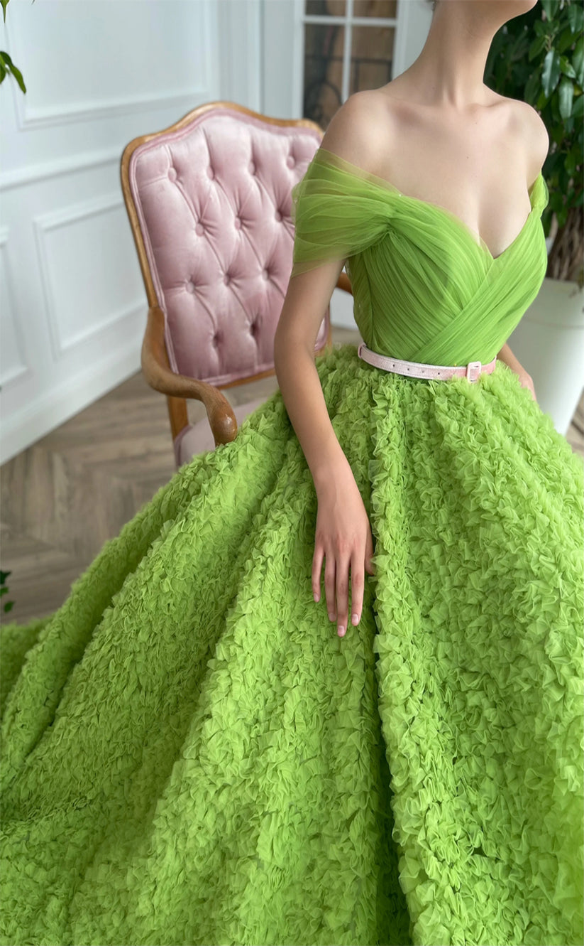 RP187-Grass Green A-Line Off-the-Shoulder Pleated Ruffles Long Prom Evening Dresses Formal Party Gowns