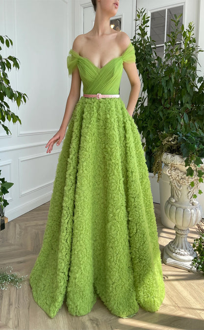 RP187-Grass Green A-Line Off-the-Shoulder Pleated Ruffles Long Prom Evening Dresses Formal Party Gowns