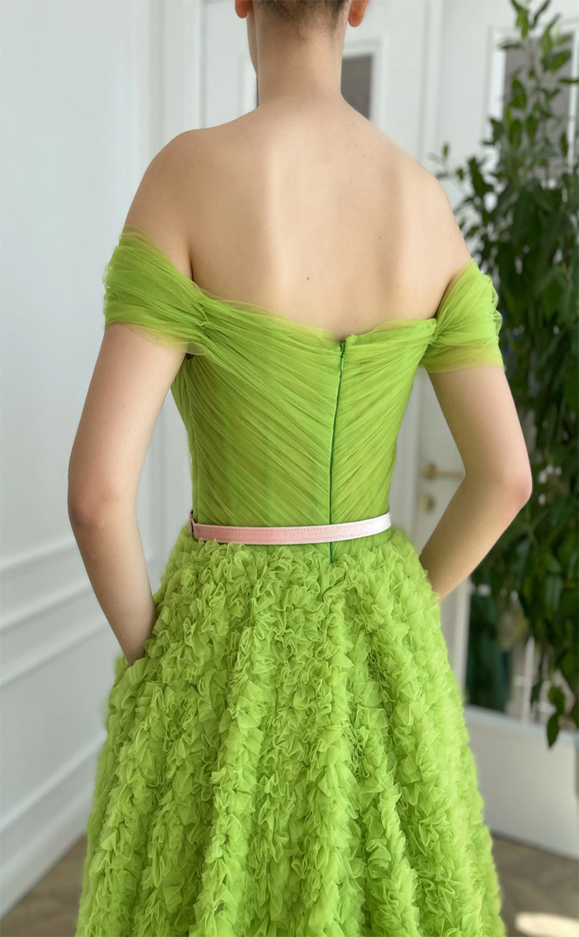 RP187-Grass Green A-Line Off-the-Shoulder Pleated Ruffles Long Prom Evening Dresses Formal Party Gowns