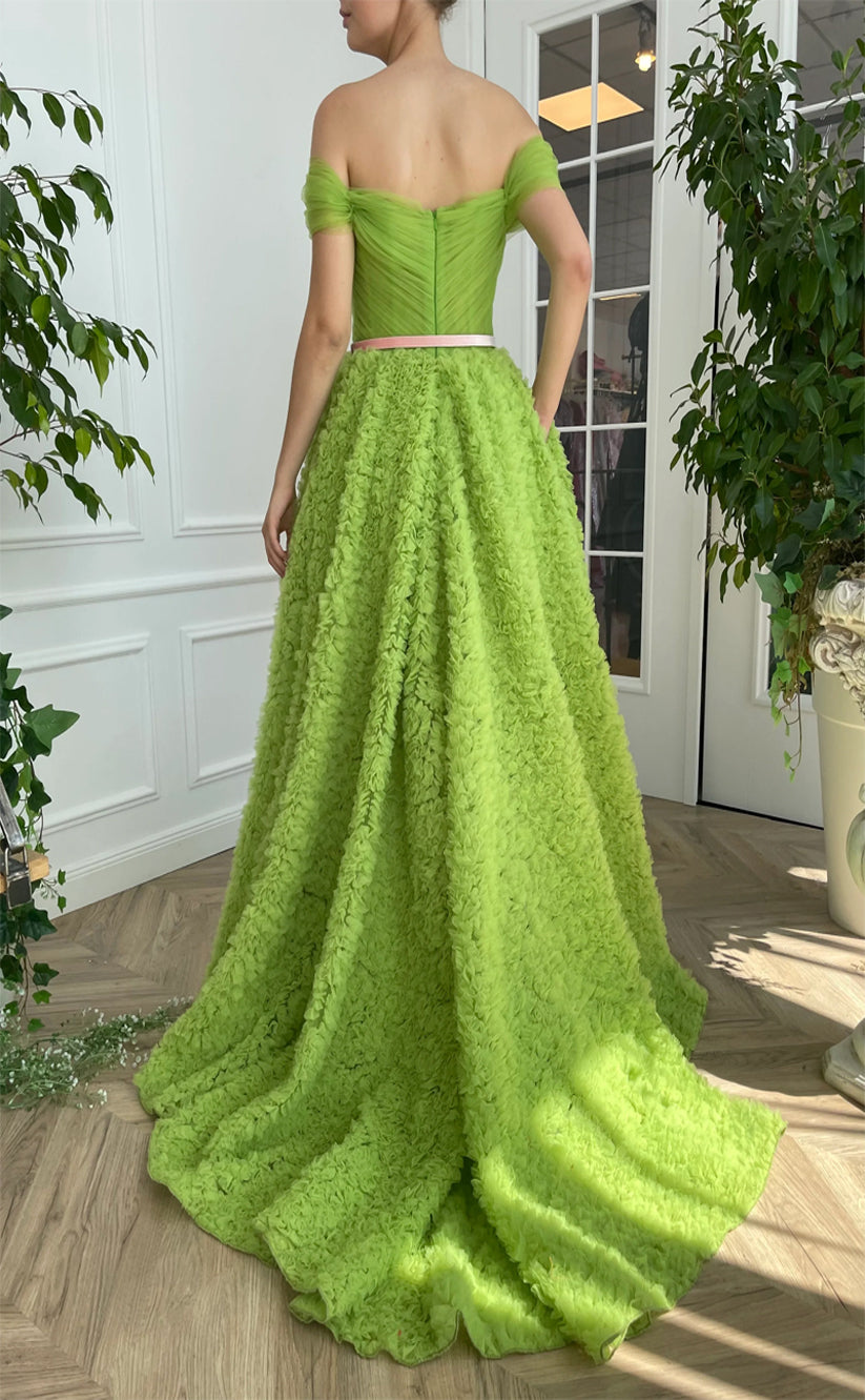 RP187-Grass Green A-Line Off-the-Shoulder Pleated Ruffles Long Prom Evening Dresses Formal Party Gowns