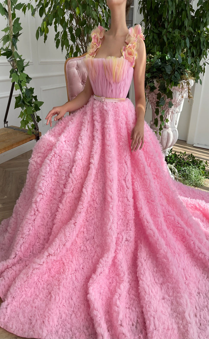 RP189-Pink A-Line Spaghetti Pleated Ruffles Long Prom Evening Dresses Formal Party Gowns